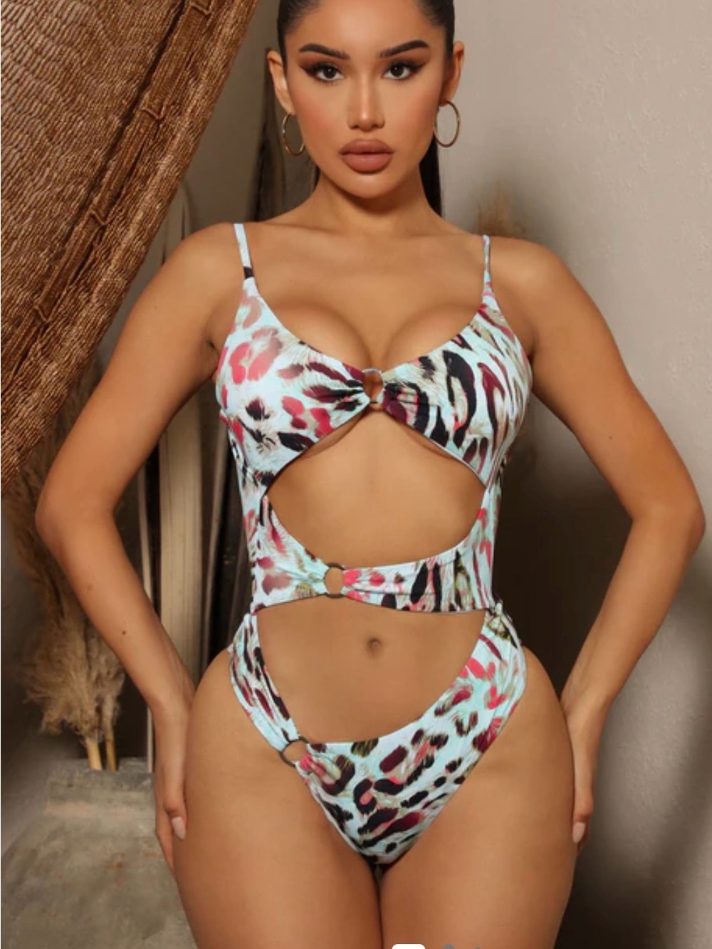 Tinibikini Cutout Leopard Print One-Piece Swimsuit in Aqua and Pink